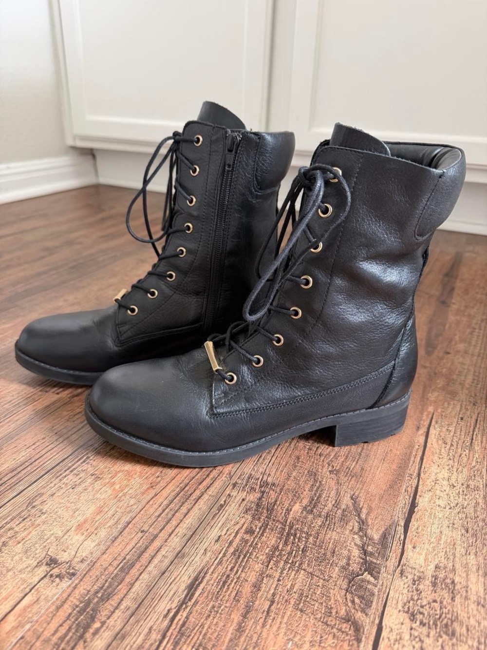 Aldo Black Leather Lace-Up Combat Boots with Side Zip